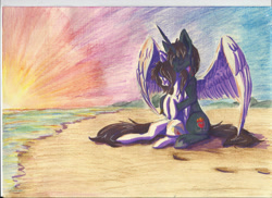 Size: 2338x1700 | Tagged: safe, artist:sunny way, oc, oc only, oc:alex, oc:sunny way, alicorn, pegasus, pony, aleway, alicorn oc, beach, colored pencil drawing, evening, feather, feels, female, heart, hug, love, male, marker drawing, ocean, pencil, rcf community, straight, sunset, traditional art, wings