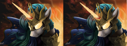 Size: 998x363 | Tagged: safe, artist:yakovlev-vad, derpibooru import, princess celestia, alicorn, pony, angry, armor, cross eye stereogram, epic, solo, stereoscopy