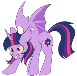 Size: 500x493 | Tagged: safe, artist:lulubell, derpibooru import, twilight sparkle, twilight sparkle (alicorn), alicorn, bat pony, bat pony alicorn, pony, bat ponified, corrupted, race swap, simple background, solo, transparent background