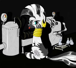 Size: 900x801 | Tagged: safe, artist:madhotaru, zecora, zebra, black and white mane, black and white tail, black background, female, jewelry, looking at you, looking back, looking back at you, mare, simple background, sitting, solo, tongue out