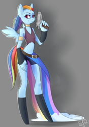 Size: 3500x5000 | Tagged: safe, artist:pon-ee, derpibooru import, rainbow dash, anthro, unguligrade anthro, absurd resolution, alternate hairstyle, clothes, compression shorts, crossover, gun, gunner, handgun, midriff, no trigger discipline, pistol, solo, weapon