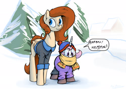 Size: 1920x1356 | Tagged: safe, artist:shieltar, princess celestia, oc, oc:grace harmony, alicorn, pegasus, pony, comic:birth of equestria, cewestia, clothes, dialogue, female, filly, pink-mane celestia, ponified, scarf, snow, winter, winter outfit