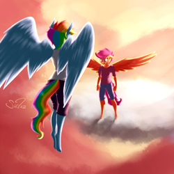 Size: 1200x1200 | Tagged: safe, artist:siden, derpibooru import, rainbow dash, scootaloo, anthro, unguligrade anthro, backlighting, cloud, cloudy, crying, hooves