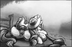 Size: 1280x851 | Tagged: safe, artist:bantha, derpibooru import, applejack, rarity, earth pony, pony, unicorn, butt pillow, female, fence, grayscale, lesbian, monochrome, rarijack, shipping