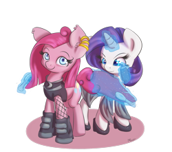 Size: 1275x1125 | Tagged: safe, artist:alasou, derpibooru import, pinkie pie, rarity, earth pony, pony, unicorn, brush, clothes, magic, pinkamena diane pie, shoes, telekinesis