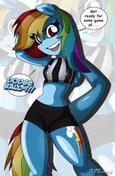 Size: 550x845 | Tagged: safe, artist:xjkenny, derpibooru import, rainbow dash, anthro, unguligrade anthro, arm behind head, arm hooves, clothes, compression shorts, dodgeball, grammar error, midriff, referee, shirt, shorts, solo, sports, zoom layer