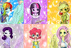 Size: 6000x4000 | Tagged: safe, artist:mago, derpibooru import, applejack, fluttershy, pinkie pie, rainbow dash, rarity, twilight sparkle, anthro, human, colored skin, eared humanization, human facial structure, humanized, mane six, overalls, pixiv, winged humanization