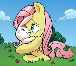 Size: 6932x6000 | Tagged: safe, artist:eagle1division, artist:jay fosgitt, angel bunny, fluttershy, pegasus, pony, absurd resolution, cute, filly, filly fluttershy, holding, hug, looking up, outdoors, shyabetes, vector, weapons-grade cute