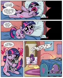 Size: 1331x1640 | Tagged: safe, artist:brendahickey, idw, smarty pants, spike, twilight sparkle, dragon, spoiler:comic, spoiler:comic40, baby spike, crib, crying, cute, female, filly, filly twilight sparkle, heart, twiabetes, younger