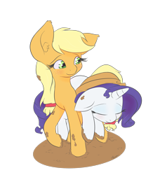 Size: 1325x1450 | Tagged: safe, artist:alasou, derpibooru import, applejack, rarity, earth pony, pony, unicorn, accessory swap, carrying, female, lesbian, mud, rarijack, shipping, tired