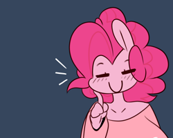 Size: 1280x1025 | Tagged: dead source, safe, artist:somescrub, pinkie pie, anthro, ambiguous facial structure, blue background, blushing, clothes, cute, diapinkes, eyes closed, hugtastic pinkie pie, simple background, solo, tumblr