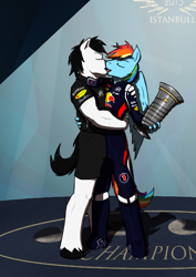 Size: 895x1267 | Tagged: safe, artist:krd, derpibooru import, rainbow blitz, rainbow dash, oc, oc:gear head, anthro, canon x oc, clothes, formula 1, gay, male, rule 63, trophy