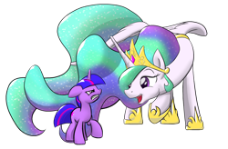 Size: 2048x1347 | Tagged: safe, artist:nadnerbd, derpibooru import, princess celestia, twilight sparkle, alicorn, pony, unicorn, angry, female, long neck, mare, simple background, transparent background, unamused