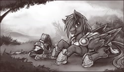 Size: 1280x743 | Tagged: safe, artist:bantha, derpibooru import, oc, oc only, oc:rome silvanus, pegasus, pony, commission, grayscale, monochrome, rome, solo, tongue out