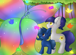 Size: 1800x1300 | Tagged: safe, artist:ashee, oc, oc only, oc:fruity blossom, oc:starlight blossom, butterfly, female, filly, mother and child, mother and daughter, parent and child