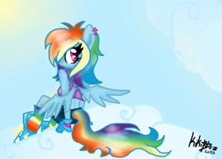 Size: 700x500 | Tagged: safe, artist:kikirdcz, derpibooru import, rainbow dash, anthro, clothes, cloud, cloudy, shorts, solo