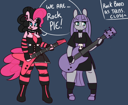 Size: 1280x1057 | Tagged: safe, artist:somescrub, maud pie, pinkie pie, anthro, choker, clothes, explicit source, guitar, hugtastic pinkie pie, metal, piercing, punk, socks, striped socks, tumblr