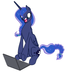 Size: 1400x1500 | Tagged: safe, artist:silfoe, derpibooru import, princess luna, alicorn, pony, alternate hairstyle, computer, simple background, sitting, solo