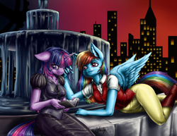 Size: 1000x772 | Tagged: safe, artist:aphexangel, rainbow dash, twilight sparkle, anthro, pegasus, plantigrade anthro, unicorn, book, boots, city, clothes, dress, female, fountain, lesbian, pants, shipping, shirt, skyline, twidash, vest