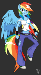 Size: 1744x3152 | Tagged: safe, artist:amostheartman, derpibooru import, rainbow dash, anthro, belly button, clothes, cutie mark on clothes, missing wing, pants, ripped pants, shoes, sneakers, solo, spread wings, tanktop, wings