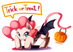 Size: 1659x1197 | Tagged: safe, artist:maren, derpibooru import, pinkie pie, earth pony, pony, bat wings, cat tail, face down ass up, grin, looking at you, nightmare night, pixiv, pumpkin, pumpkin bucket, smiling, solo, spread wings, tail hold