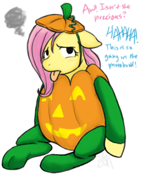 Size: 712x884 | Tagged: safe, artist:cartoonlion, fluttershy, oc, oc:futashy, pegasus, pony, costume, dialogue, filly, futa, futashy, futaverse, halloween, holiday, intersex, jack-o-lantern, pumpkin, simple background, solo, white background, younger