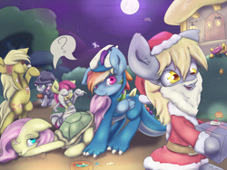 Size: 2000x1500 | Tagged: safe, artist:alasou, derpibooru import, apple bloom, applejack, derpy hooves, fluttershy, rainbow dash, scootaloo, sweetie belle, dragon, earth pony, pegasus, pony, turtle, zombie, clothes, cutie mark crusaders, female, mare, mummy, present, santa costume, witch, wrong holiday