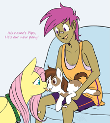 Size: 789x880 | Tagged: dead source, safe, artist:cartoonlion, fluttershy, pipsqueak, scootaloo, oc, oc:futashy, clothes, futa, futashy, futaverse, humanized, intersex, licking, tanktop