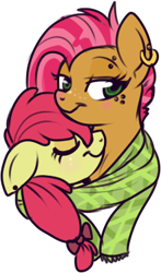 Size: 220x373 | Tagged: safe, artist:lulubell, derpibooru import, apple bloom, babs seed, earth pony, pony, appleseed, clothes, cousins, eyes closed, female, incest, lesbian, looking sideways, scarf, shared scarf, shipping, simple background, smiling, transparent background