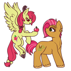 Size: 500x500 | Tagged: safe, artist:lulubell, derpibooru import, apple bloom, babs seed, earth pony, pony, succubus, apple, appleseed, cloven hooves, cousins, eye contact, female, horns, incest, lesbian, looking at each other, mare, older, older apple bloom, older babs seed, race swap, shipping, simple background, transparent background, unshorn fetlocks