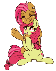 Size: 389x500 | Tagged: safe, artist:lulubell, derpibooru import, apple bloom, babs seed, earth pony, pony, appleseed, cousins, eyes closed, female, hug, hug from behind, incest, lesbian, looking up, mare, older, older apple bloom, older babs seed, open mouth, open smile, shipping, simple background, sitting, smiling, white background