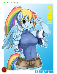 Size: 800x1040 | Tagged: safe, artist:skyraptor, derpibooru import, rainbow dash, anthro, ambiguous facial structure, belly button, breasts, clothes, female, jacket, leotard, peace sign, ponytail, rainboob dash, shorts, smiling, solo, swimsuit