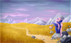 Size: 2244x1368 | Tagged: safe, artist:mufflinka, oc, oc only, alicorn, pony, mountain, mountain range, path, rock, scenery, solo