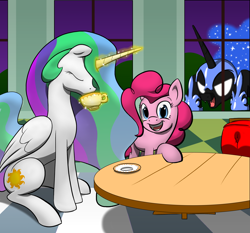 Size: 3000x2800 | Tagged: safe, artist:nadnerbd, derpibooru import, nightmare moon, pinkie pie, princess celestia, alicorn, earth pony, pony, against glass, double deuce, drink, drinking, female, interior, magic, mare, observer, saucer, table, tea, teacup, window