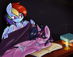 Size: 3409x2677 | Tagged: safe, artist:ambris, derpibooru import, rainbow dash, twilight sparkle, twilight sparkle (alicorn), alicorn, anthro, pegasus, unguligrade anthro, blanket, book, candle, clothes, eyes closed, female, lesbian, shipping, sleeping, smiling, table, twidash