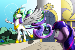 Size: 3000x2000 | Tagged: safe, artist:nadnerbd, derpibooru import, princess celestia, twilight sparkle, alicorn, pony, unicorn, canterlot, canterlot castle, fanfic art, female, lidded eyes, mare, rooftop, scenery, shocked, spread wings, surprised