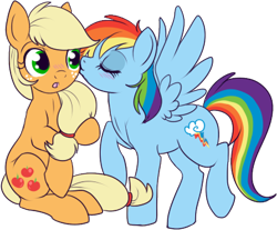 Size: 413x342 | Tagged: safe, artist:lulubell, derpibooru import, applejack, rainbow dash, earth pony, pegasus, pony, appledash, female, hatless, kissing, lesbian, missing accessory, shipping, simple background, transparent background