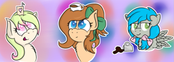 Size: 869x313 | Tagged: safe, artist:laptopbrony, oc, oc only, oc:darcy sinclair, oc:love note, oc:mocha latte, annoyed, bow, coffee, cute, food, happy, juice, juice box