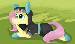 Size: 1024x604 | Tagged: safe, artist:despotshy, fluttershy, pegasus, pony, bunny ears, clothes, costume, cute, dangerous mission outfit, female, goggles, hoodie, mare, smiling, solo