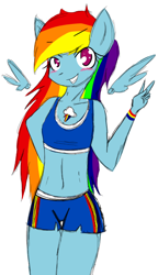 Size: 620x1074 | Tagged: safe, artist:fiji-firefox, derpibooru import, rainbow dash, anthro, belly button, boobie mark, clothes, midriff, peace sign, shorts, solo, sports bra, wristband