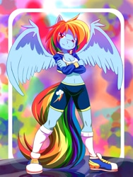 Size: 900x1200 | Tagged: safe, artist:thatamystalker, derpibooru import, rainbow dash, anthro, belly button, cleavage, clothes, compression shorts, converse, female, looking at you, midriff, solo, top, winged shoes