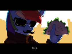 Size: 1024x768 | Tagged: safe, artist:swomswom, derpibooru import, rainbow dash, anthro, clothes, fake screencap, food, jacket, mousdash, moustache, one word, solo, subtitles, sunglasses, taco, wat