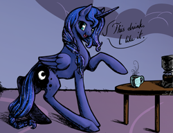 Size: 4000x3067 | Tagged: safe, artist:silfoe, derpibooru import, princess luna, alicorn, pony, alternate hairstyle, braid, coffee, dialogue, drink, hidden messages, looking at you, luna found the coffee, open mouth, pointing, smiling, solo, table, thor