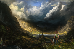 Size: 1920x1280 | Tagged: safe, artist:assasinmonkey, applejack, winona, dog, human, backpack, clothes, cloud, epic, gloves, humanized, jeans, lake, mountain, pants, scenery, scenery porn, shirt, style emulation, valley