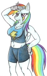 Size: 628x1024 | Tagged: safe, artist:jameythehedgehog, derpibooru import, rainbow dash, anthro, belly button, breasts, clothes, compression shorts, female, makeup, rainboob dash, salute, solo