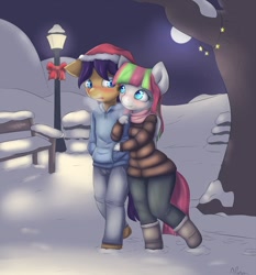 Size: 1280x1376 | Tagged: safe, artist:alasou, derpibooru import, blossomforth, oc, anthro, canon x oc, female, male, snow, straight, winter outfit