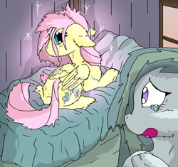 Size: 1024x961 | Tagged: safe, artist:firefanatic, fluttershy, marble pie, pegasus, pony, bed, crying, cute, fluffy, sparkles