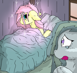 Size: 1024x961 | Tagged: safe, artist:firefanatic, fluttershy, marble pie, pegasus, pony, bed, blanket, crying, cute, fluffy, sparkles