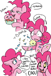 Size: 800x1200 | Tagged: dead source, safe, artist:lucidlarceny, artist:somescrub, pinkie pie, earth pony, pony, comic, confetti, cupcake, cute, dialogue, diapinkes, female, mare, solo, speech bubble, starry eyes, wingding eyes