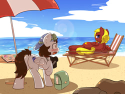 Size: 1024x768 | Tagged: safe, artist:tikrs007, oc, oc only, oc:rosa charm, oc:skyshot arc, backwards ballcap, beach, beach umbrella, blushing, camera, caught, cutie mark, goggles, hat, lens flare, ocean, photo, photo album, we don't normally wear clothes